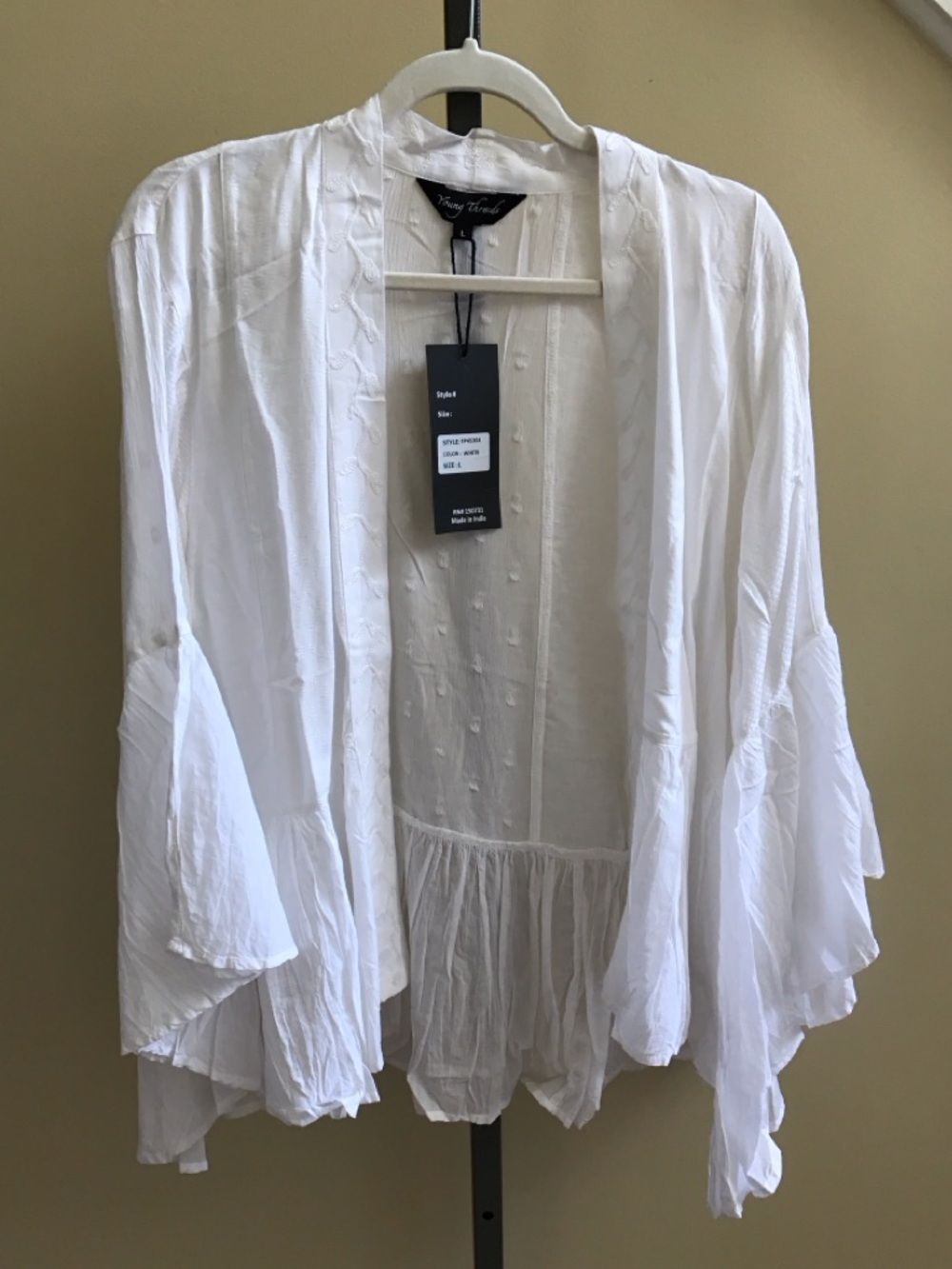 YOUNG THREADS NWT  Kimono White Embroidered Size X Large